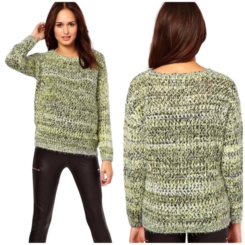 ASOS Sweater in Knit Fluffy Twist Yarn Long Sleeve Size XS Black Yellow Tunic